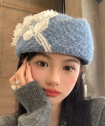 Japanese Style Blue Sweet Flower Blue Knitted Beret Hat