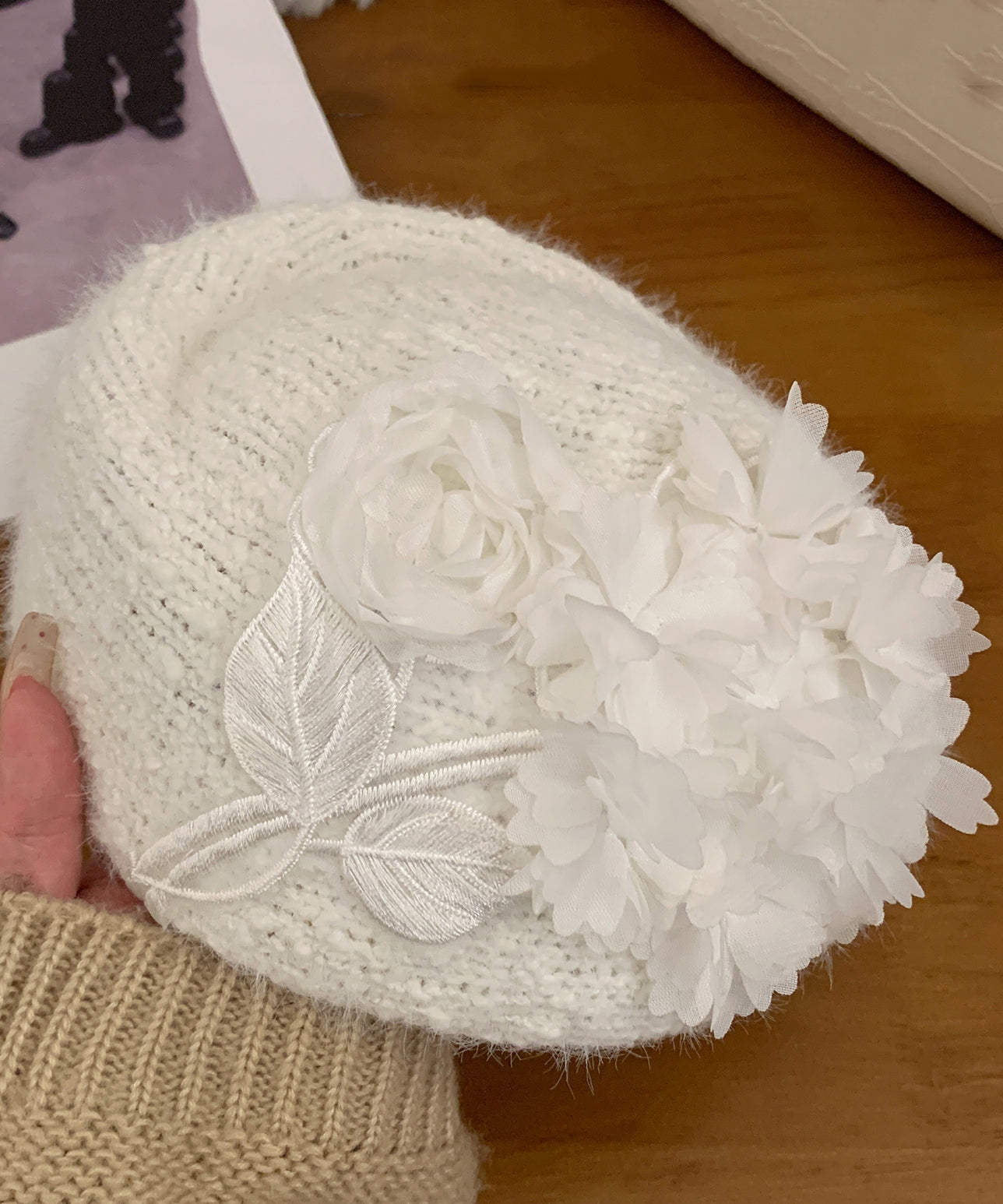 Japanese Style Blue Sweet Flower Blue Knitted Beret Hat