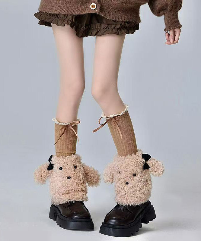 Japanese Style Coffee Bow Fuzzy Fur Fluffy Socks Cover