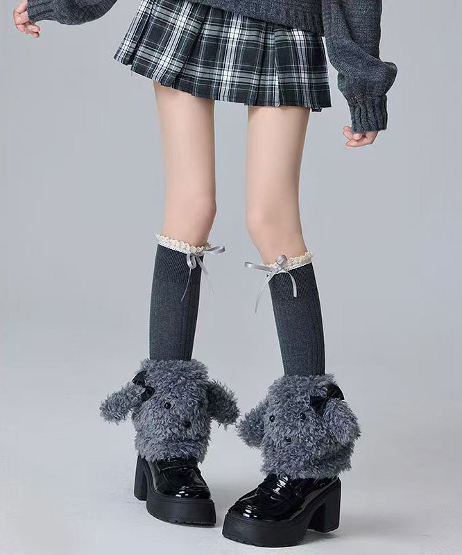 Japanese Style Coffee Bow Fuzzy Fur Fluffy Socks Cover