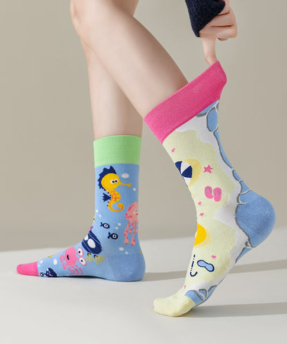 Japanese Style Contrasting Color Socks Asymmetrical Jacquard Pattern