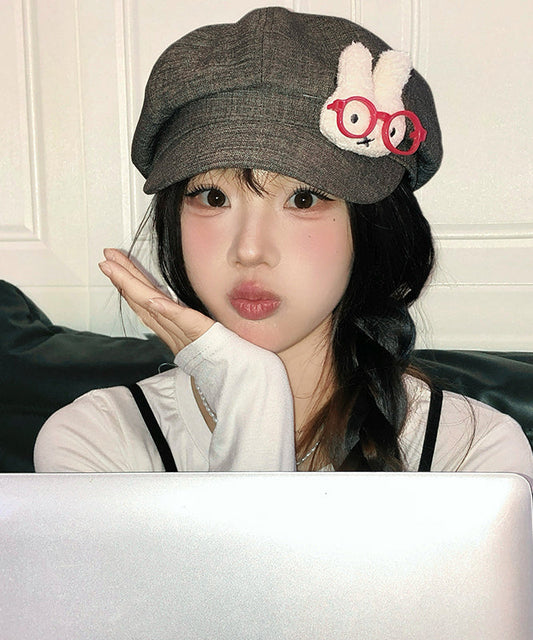 Japanese Style Khaki Cute Bunny Cartoon Glasses Breton Hat