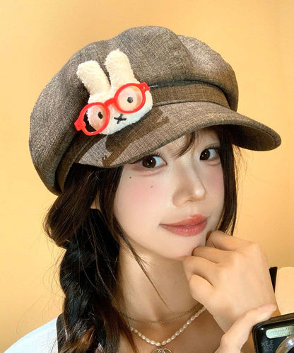 Japanese Style Khaki Cute Bunny Cartoon Glasses Breton Hat