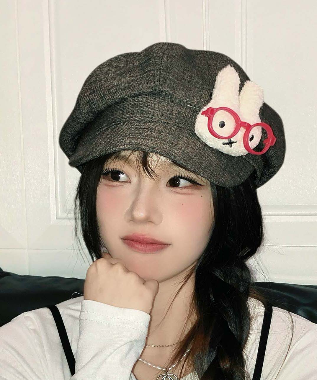 Japanese Style Khaki Cute Bunny Cartoon Glasses Breton Hat