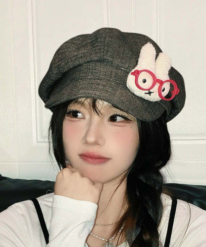 Japanese Style Khaki Cute Bunny Cartoon Glasses Breton Hat