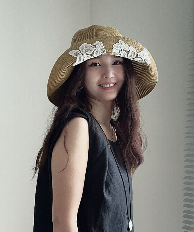 Japanese Style Lace Embroidered Flower Straw Woven Bucket Hat