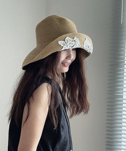 Japanese Style Lace Embroidered Flower Straw Woven Bucket Hat