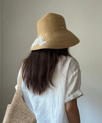Japanese Style Lace Embroidered Flower Straw Woven Bucket Hat
