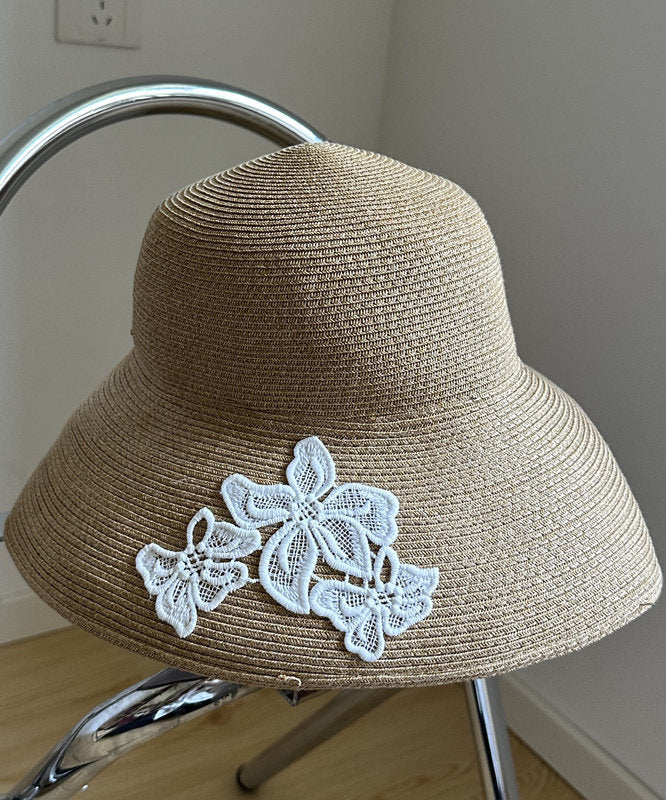 Japanese Style Lace Embroidered Flower Straw Woven Bucket Hat