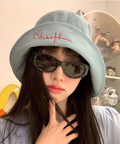 Japanese Style Navy Denim Embroidered Bucket Hat