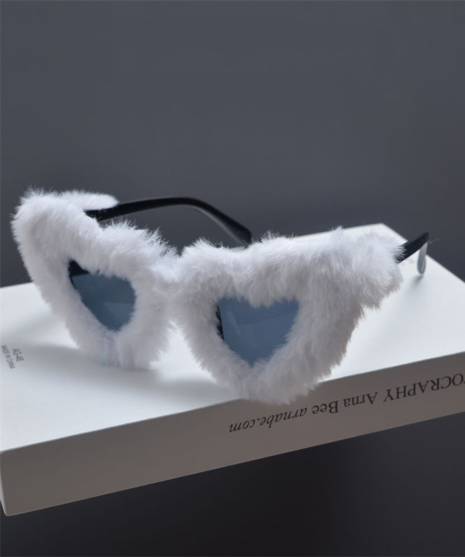 Japanese Style Pink Fur Decorative Large Frame Heart-Shaped Sunglasses