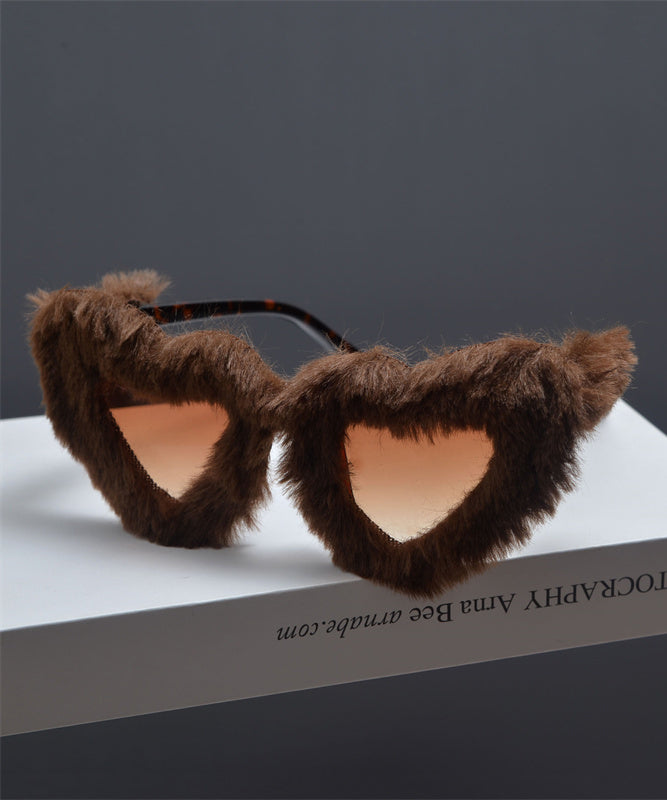 Japanese Style Pink Fur Decorative Large Frame Heart-Shaped Sunglasses