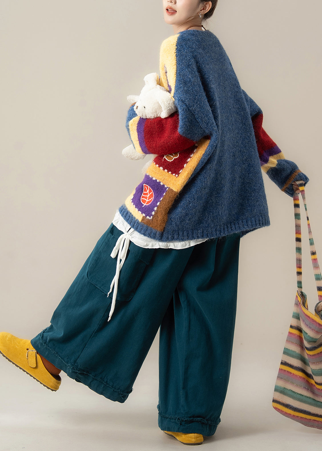 Japanese Style Plaid Sweater Coat T Shirt Pants Set Winter