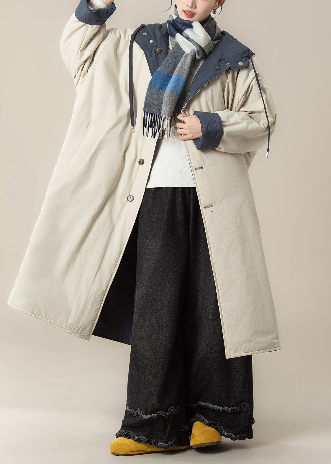 Japanese Style Wear On Both Sides Hooded Cotton Filled Coat Winter