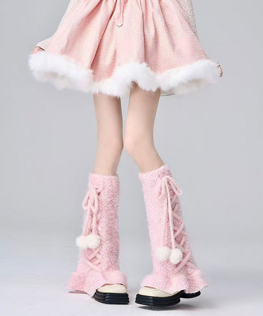 Japanese Style White Cross Strap Fuzzy Fur Fluffy Socks Covers