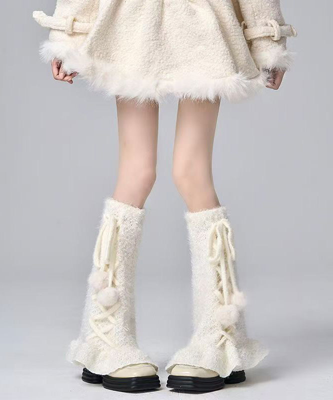 Japanese Style White Cross Strap Fuzzy Fur Fluffy Socks Covers