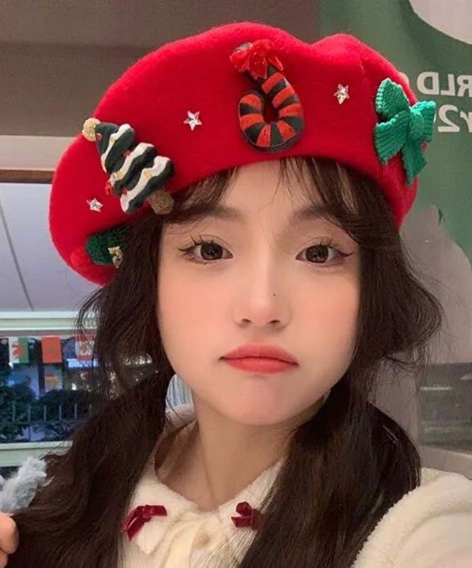 Japanese Sweet Cute Red Wool Christmas Beret Hat
