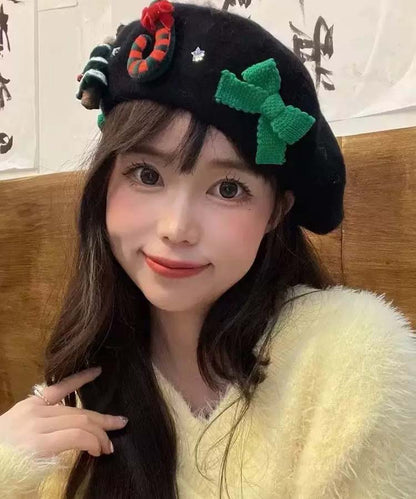 Japanese Sweet Cute Red Wool Christmas Beret Hat