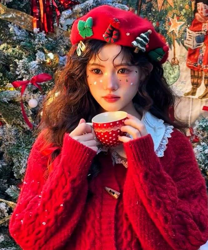 Japanese Sweet Cute Red Wool Christmas Beret Hat