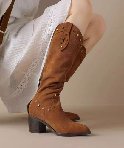 Khaki Boots Chunky Faux Leather Elegant Pointed Toe Boots