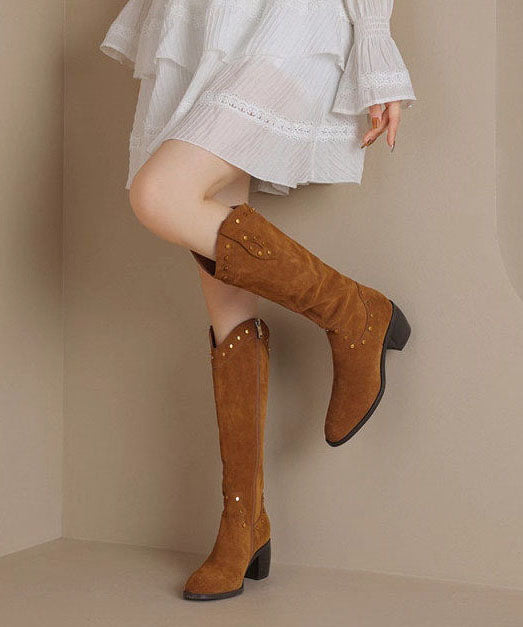 Khaki Boots Chunky Faux Leather Elegant Pointed Toe Boots