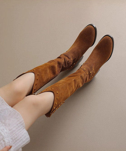 Khaki Boots Chunky Faux Leather Elegant Pointed Toe Boots
