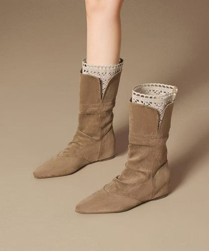 Khaki Boots Faux Leather Women Splicing Lace Boots