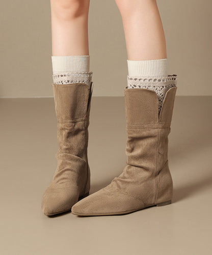 Khaki Boots Faux Leather Women Splicing Lace Boots