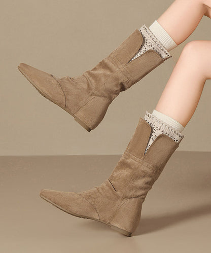 Khaki Boots Faux Leather Women Splicing Lace Boots