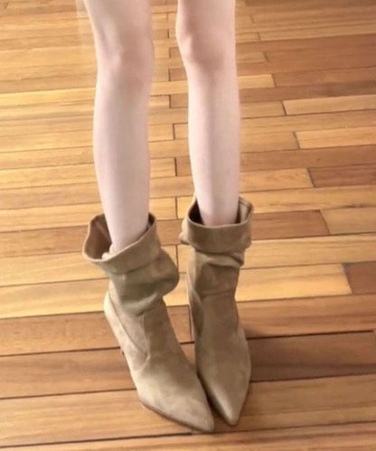 Khaki Boots Stiletto Faux Leather Comfy Pointed Toe Boots