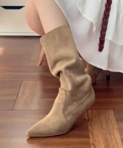 Khaki Boots Stiletto Faux Leather Comfy Pointed Toe Boots