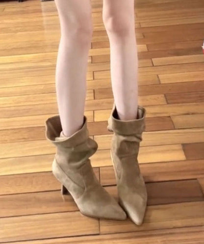 Khaki Boots Stiletto Faux Leather Comfy Pointed Toe Boots
