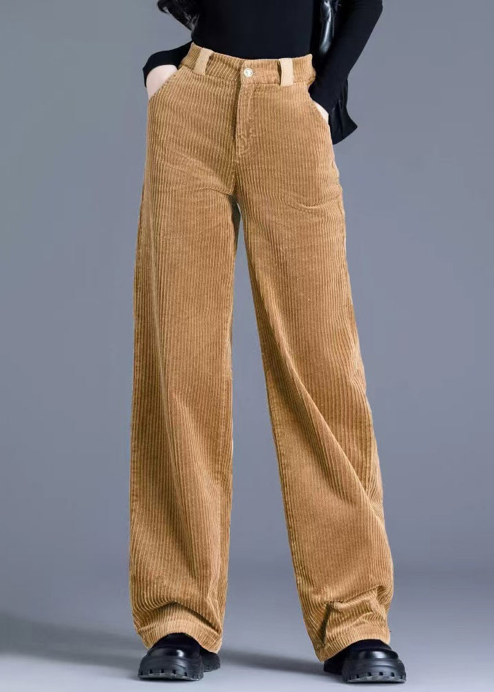 Khaki Button Pockets Corduroy Spring Pants High Waist