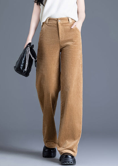 Khaki Button Pockets Corduroy Spring Pants High Waist