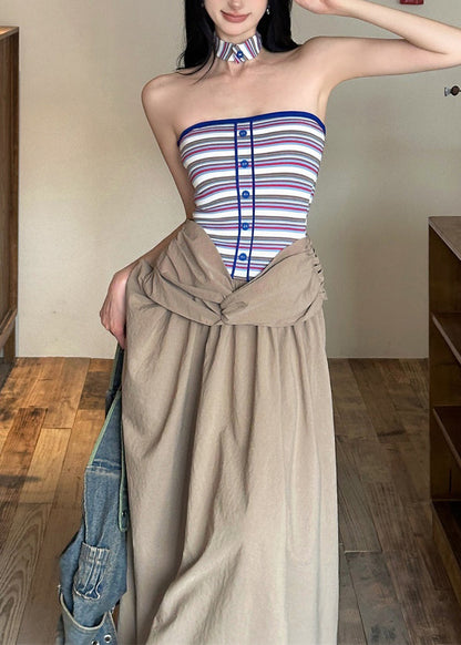 Khaki Cold Shoulder Wrinkled Maxi Dresses Sleeveless