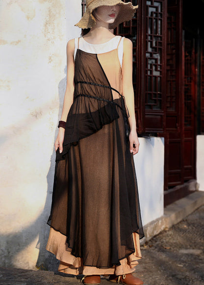 Khaki Colorblock Spaghetti Strap Long Dress Layered Asymmetrical Summer