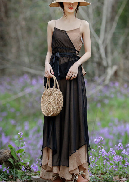 Khaki Colorblock Spaghetti Strap Long Dress Layered Asymmetrical Summer