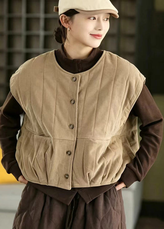 Khaki Corduroy Cotton Filled Waistcoat O-Neck Winter