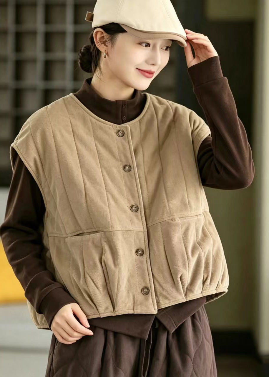 Khaki Corduroy Cotton Filled Waistcoat O-Neck Winter