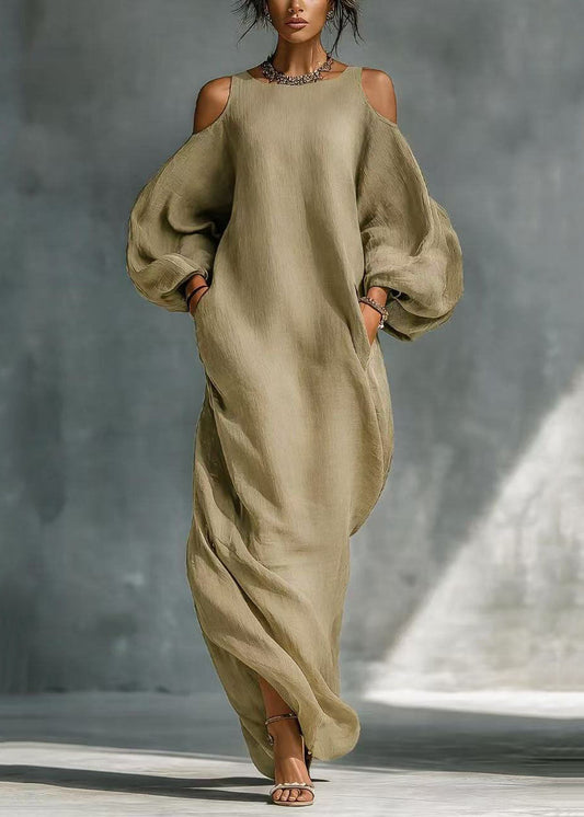 Khaki Cotton Maxi Dresses Cold Shoulder Lantern Sleeve