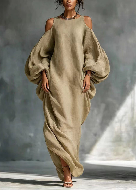 Khaki Cotton Maxi Dresses Cold Shoulder Lantern Sleeve