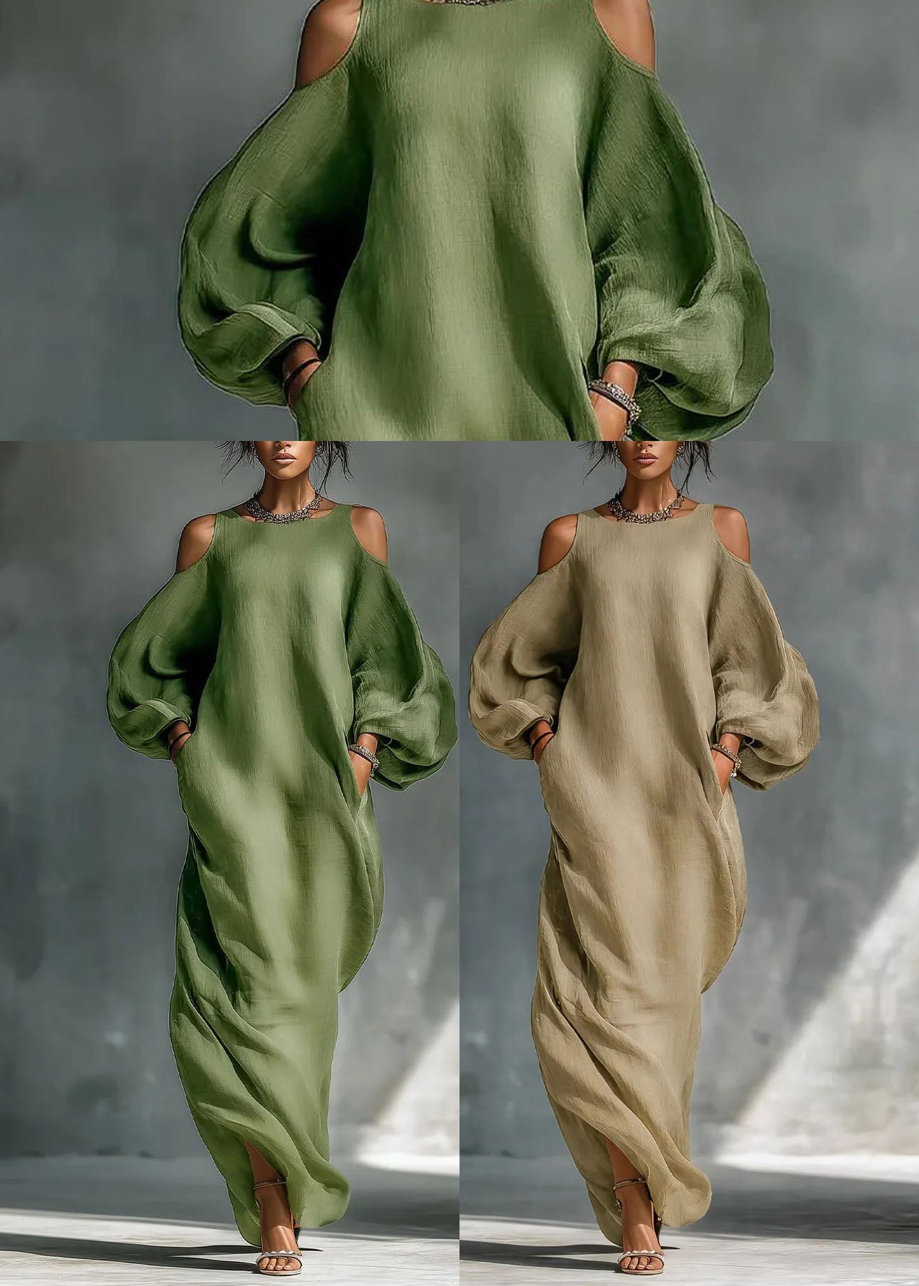 Khaki Cotton Maxi Dresses Cold Shoulder Lantern Sleeve