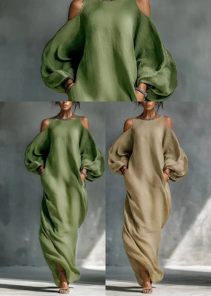 Khaki Cotton Maxi Dresses Cold Shoulder Lantern Sleeve