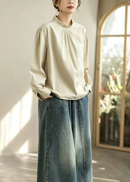 Khaki Cotton Shirt Top O-Neck Ruffled Long sleeve