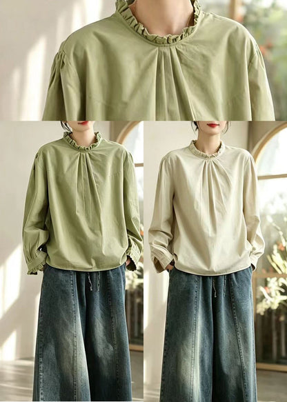 Khaki Cotton Shirt Top O-Neck Ruffled Long sleeve