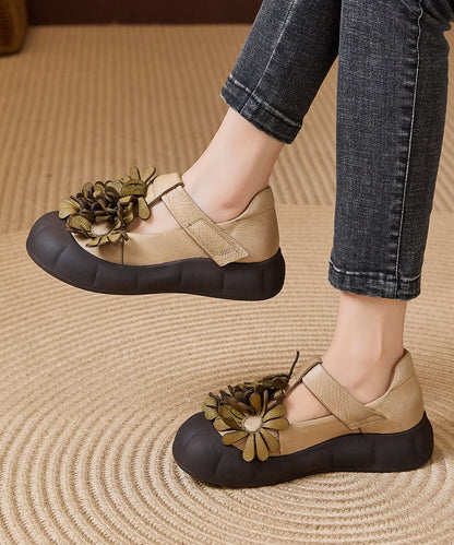 Khaki Cowhide Leather Flat Feet Shoes Buckle Strap Fine Flower Flats