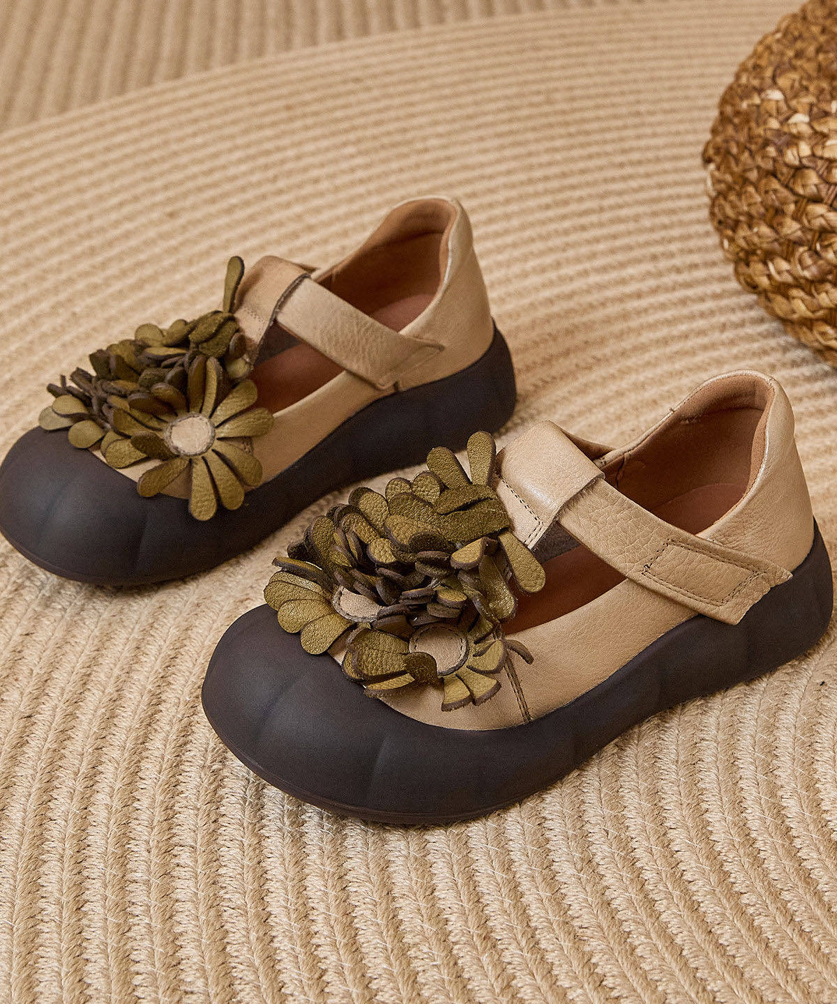 Khaki Cowhide Leather Flat Feet Shoes Buckle Strap Fine Flower Flats