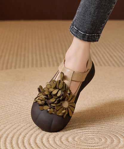 Khaki Cowhide Leather Flat Feet Shoes Buckle Strap Fine Flower Flats