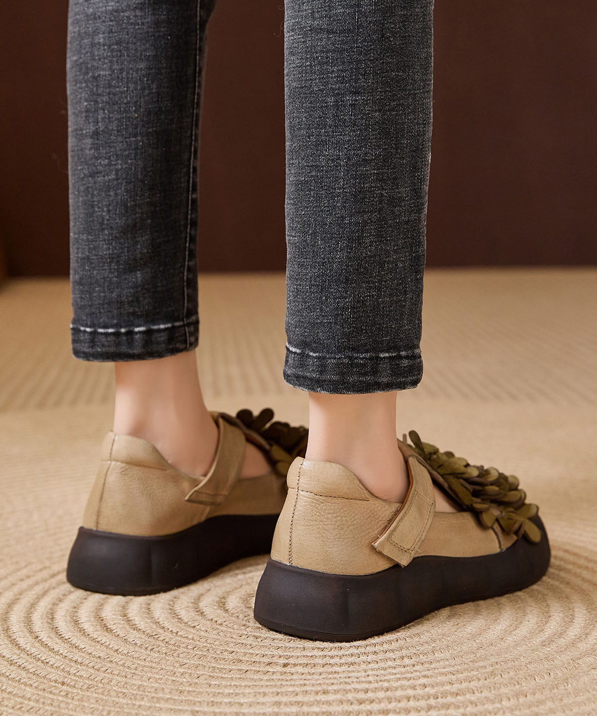 Khaki Cowhide Leather Flat Feet Shoes Buckle Strap Fine Flower Flats