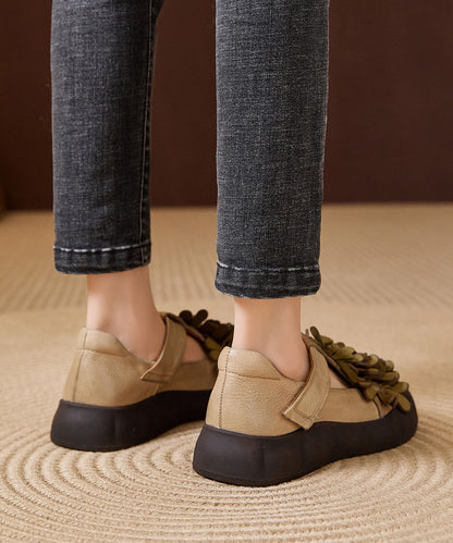 Khaki Cowhide Leather Flat Feet Shoes Buckle Strap Fine Flower Flats